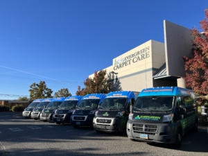 About Us – Vans Fleet of company vans parked at Evergreen Carpet Care