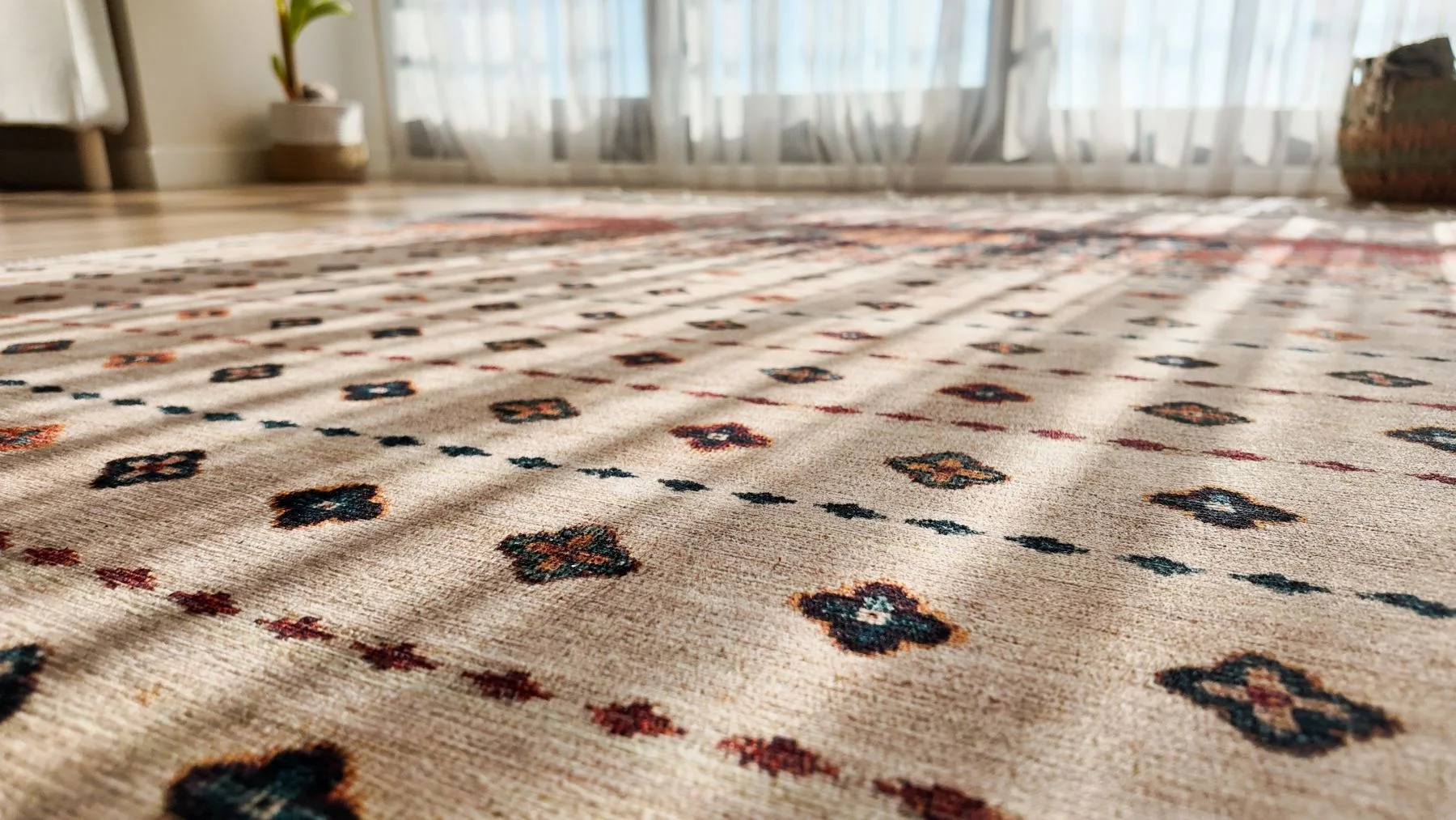 Close-up of a patterned area rug in a sunlit living room.