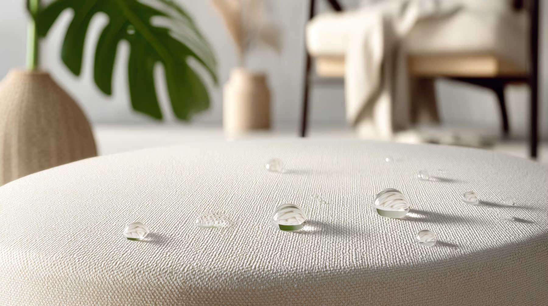 Water droplets beading on protected upholstery fabric after fabric protector treatment.